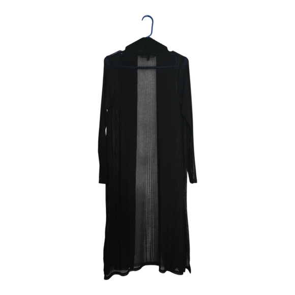 always indigo Sweaters - Long Open-Front Black Ribbed Cardigan